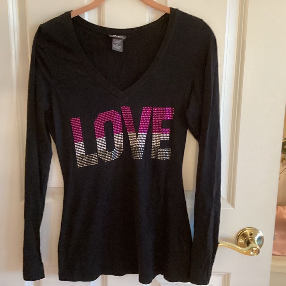 NWOT. Dots Brand Women’s L/S Black Tee with LOVE Embellishment  Size M